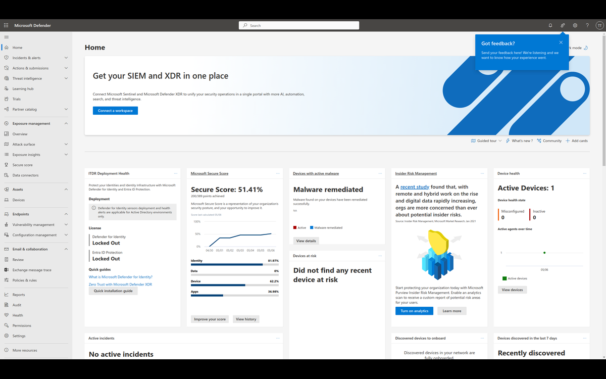 Microsoft Defender portal home dashboard