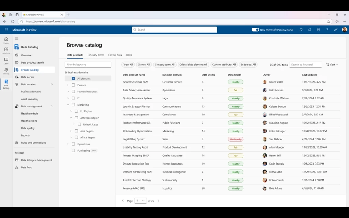 Microsoft Purview Data Catalog browse view
