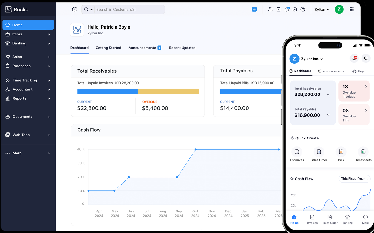 Zoho Books home dashboard with receivables, payables and cash flow