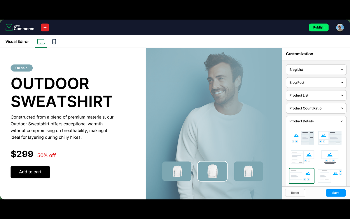 Zoho Commerce visual editor for building a storefront