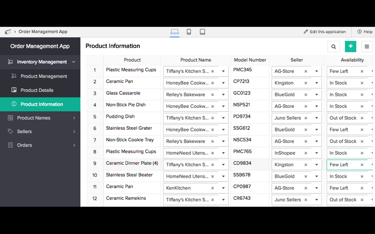 Order management app with product information table in Zoho Creator
