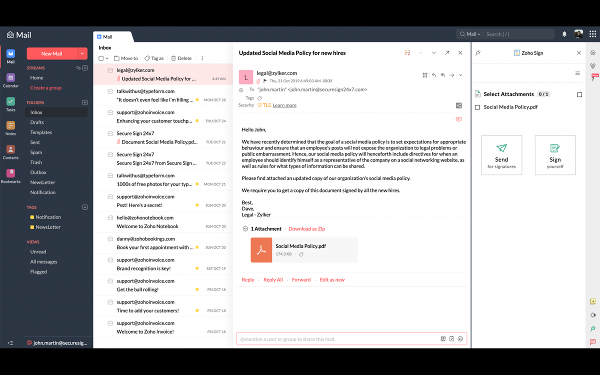 Zoho Mail reading pane with Zoho Sign integration